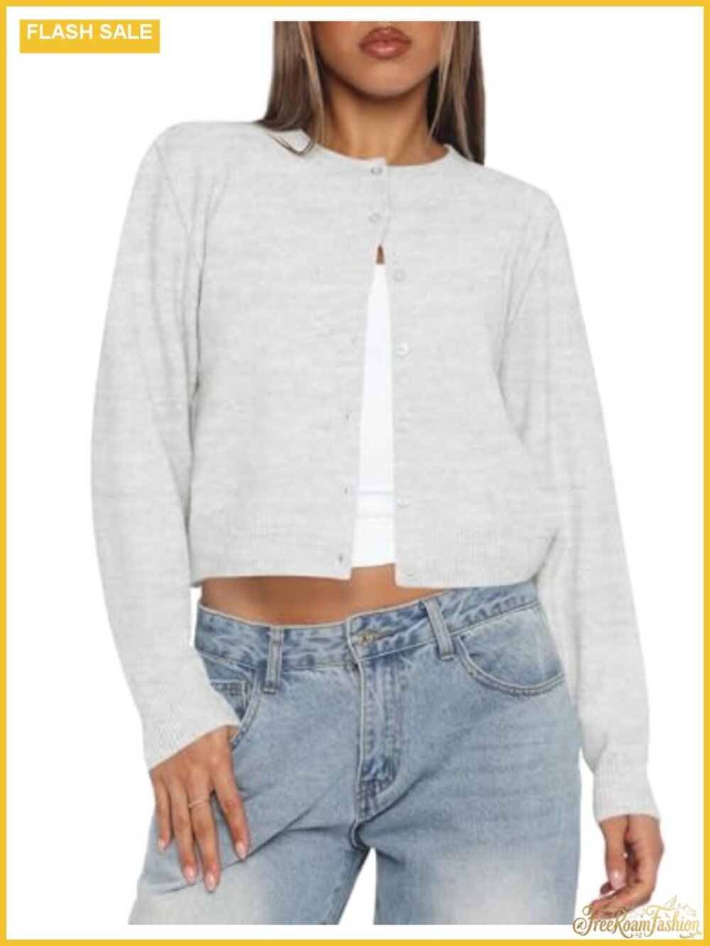 Cropped Cardigan Sweater Lightweight Knit Button Up Long Sleeve Women